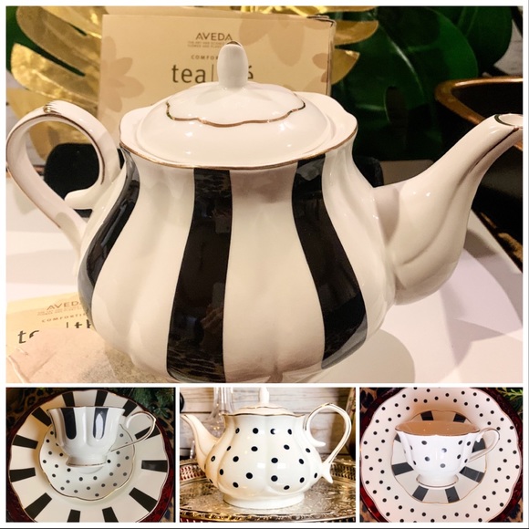 NEW Tea for Two Bone China Teapot black & white striped or polka dot holiday - Picture 7 of 13